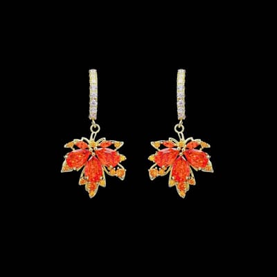 Victoria Valenza Goudkleurige Esdoornblad Oorbellen met Oranje Zirkonia Stenen - Oorhangers - Goudkleurig - Blad oorbellen - Zirkonia