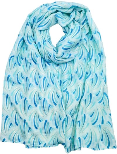 Lange dames sjaal Henriet fantasiemotief blauw turquoise licht aqua lichtblauw goud