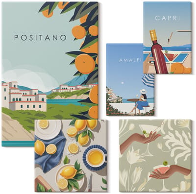 Wallfluent Set van canvas schilderijen - Italiaanse vakantiegezichten van Amalfi en Capri Canvas Schilderijen Set - Set van 5 Canvas Schilderijen - Turkoois Set van Canvas Prints - Voedsel Canvas Kunst Set - Boheemse Canvas Kunst Set
