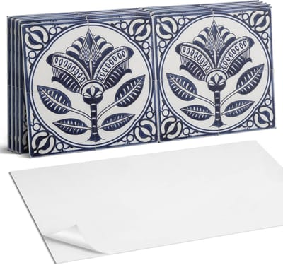 Coloray Plaktegels - Bloemenkeramiek patroon Wandtegel Zelfklevend - 60 cm x 30 cm - Blauw Plaktegels - 6 stuks - Rechthoek PVC Tegels - Plaktegels Keuken - Zelfklevende Vloertegels Badkamer - Vinyl Tegels - Zelfklevende Wandtegels