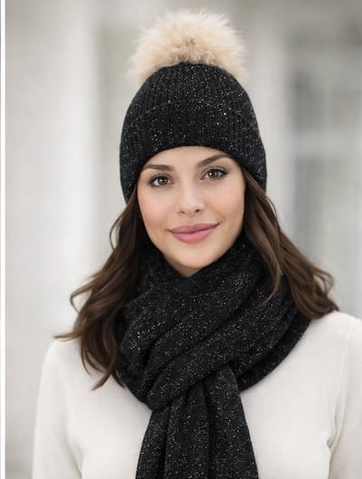 2 Delige Set Glitter Muts & Brede Sjaal Set met Afneembare Pompon – Zwart – Kliksysteem Pompon Zwart & Crème