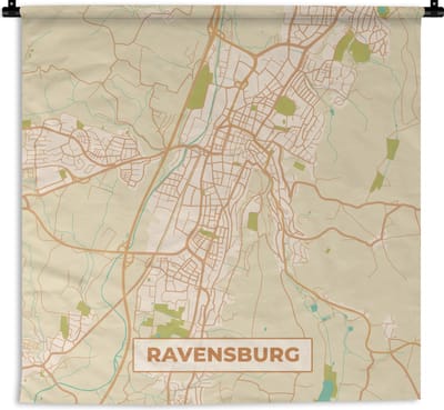 Wandkleed - Wanddoek - Ravensburg - Plattegrond - Stadskaart - Kaart - Vintage - 180x180 cm - Wandtapijt