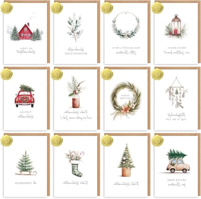 Kerstkaarten Set met Enveloppen, 12 Stuks A6, Vouwkaarten met Stickers, Lege Binnenpagina's, Perfect voor Kerstdecoratie en Groeten