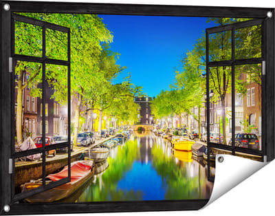 Gards Tuinposter Doorkijk Amsterdamse Gracht in de Nacht - 90x60 cm - Tuindoek - Tuindecoratie - Wanddecoratie buiten - Tuinschilderij