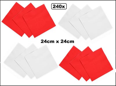 240x Servetten rood en wit 24cm x 24cm - 3 laags - Cocktail servet diner eten knoeien restaurant BBQ thema feest verjaardag feest WK