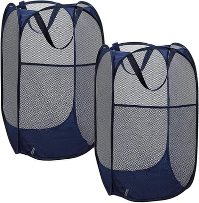 longziming -2 Stuks Opvouwbare Wasmand van Ademend Net – Lichtgewicht Pop-up Wasmand met Stevige Handgrepen – Ruimtebesparende Waskorf voor Badkamer, Kinderkamer, Studentenwoning en Reizen (Donkerblauw)