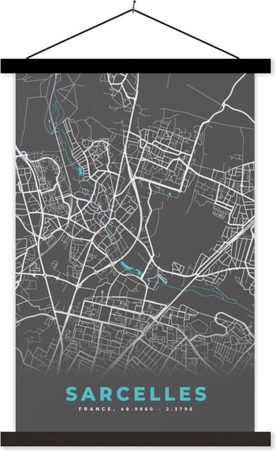 Posterhanger incl. Poster 40x60 cm - Schoolplaat - Sarcelles - Frankrijk - Plattegrond - Kaart - Stadskaart - Textielposter - Zwarte latten - Stadskaart