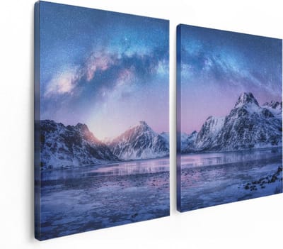 Artaza Canvas Schilderij Tweeluik Melkweg Bij De Besneeuwde bergen - 120x80 - Foto Op Canvas - Canvas Print