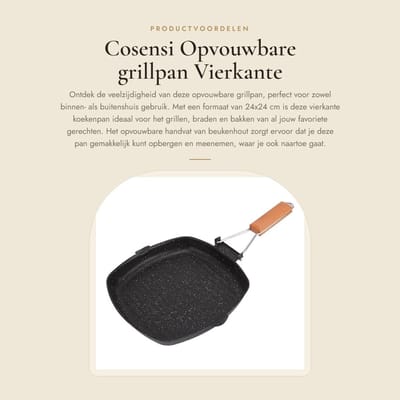 Dailygoods- Grillpan Opvouwbaar 24x24 cm - Koekenpan Antiaanbaklaag - Beukenhouten Handvat - Voor Binnen/Buiten - Grillen/Braden/Bakken