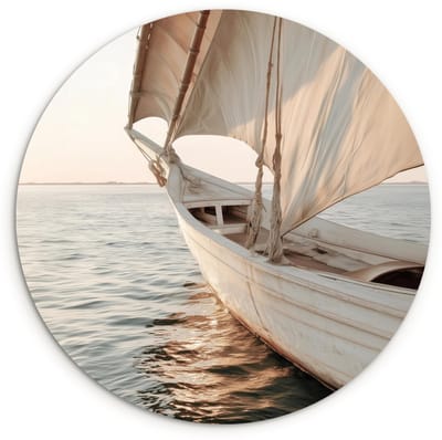 WallCircle® Wandcirkel 120x120 cm - Muurcirkel Zeilboot - Zee - Beige - Zon - Muurdecoratie woonkamer - Wanddecoratie slaapkamer - Kamer decoratie accessoires - Ronde schilderijen XXL