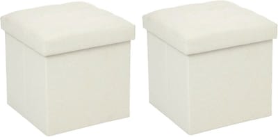 Atmosphera Poef/Hocker/Voetenbankje - 2x - opbergbox - beige - PU/MDF - 38 x 38 cm - opvouwbaar