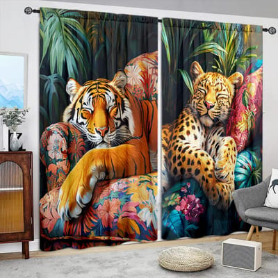 2 stuks Gordijn met print van rustende tijgers en luipaarden voor huisdecoratie - Ruitbehandeling met roedezak voor slaapkamer, kantoor, keuken 52.5cmX116cm X 2pcs brown