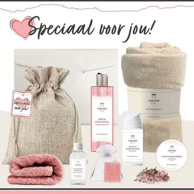 Geschenkset “Speciaal Voor Jou!” - 8 producten - 1240 gram - Triomf Cosmetica | Giftset voor haar Cadeau Valentijnsdag Luxe wellness cadeaubox Vrouw Cadeaupakket Kerst Geschenk Pakket Verjaardag Gift Valentijn Vriendin Roze Beige