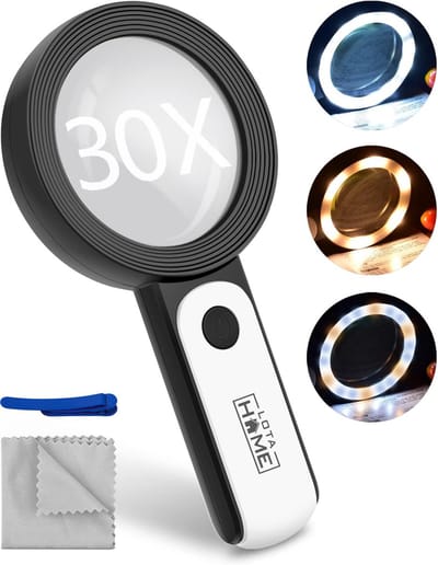 LotaHome - Vergrootglas met Verlichting - 30x Vergroting - 3 Lichtstanden - Loep met LED Verlichting - Leesloep - Vergrootglas - Leesloep voor Ouderen - Handloep - Slechtzienden Hulp - Voor Lezen, Borduren, Solderen - Met Automatische Boekenlegger