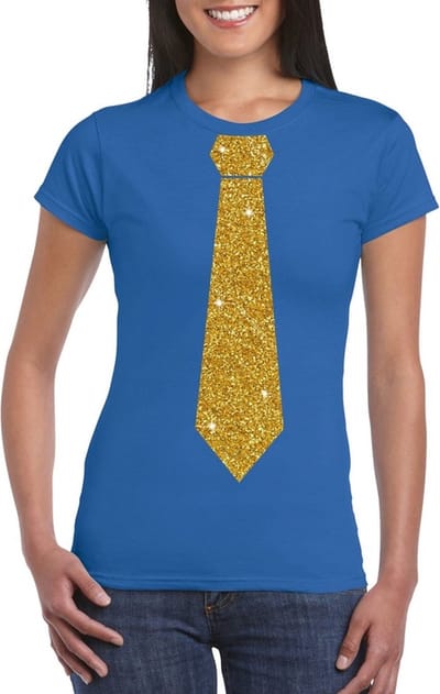 Blauw fun verkleed t-shirt - met stropdas - in glitter goud - dames - korte mouwen XS