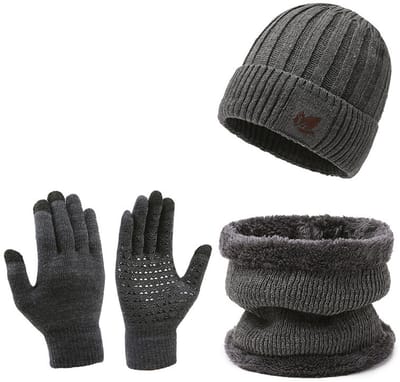 Set van 3 wintermuts, sjaal en handschoenen - Unisex - Dikke, koudebestendige sjaal, muts en handschoenen voor buiten - Muts 23*20cm - Sjaal 18*22cm - Handschoenen 21*12cm - Warmte voor buiten in de herfst/winter - Antislip handschoenen