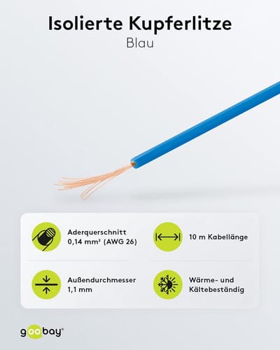 Blauwe Geïsoleerde Koperdraad 10 Meter Aderdoorsnede 0,14 mm²