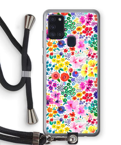 Case Company® - Hoesje met koord geschikt voor Samsung Galaxy A21s hoesje met Koord - Little Flowers - Telefoonhoesje met Zwart Koord - Bescherming aan alle Kanten en Over de Schermrand