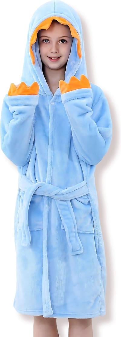 BoefieBoef Dinosaurus Kinder Pyjama Badjas 5-9 Jaar – Warme Flanellen Nachtkleding Ochtendjas met Dieren Capuchon – Cosplay Verkleed Pyjama voor Carnaval, Zwemles & Loungeplezier – Jongens & Meisjes – Perfect Cadeau - Blauw Oranje L