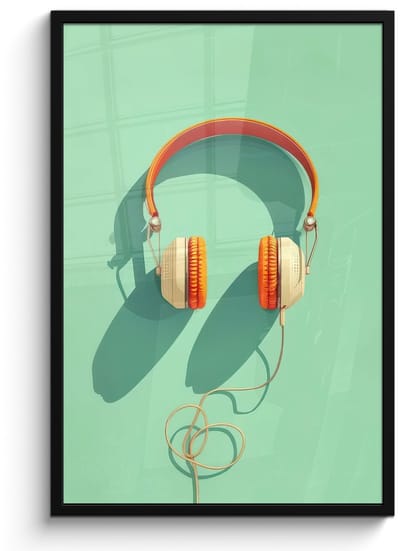 Poster in lijst - Fotolijst 60x90 cm - Posters - Koptelefoon - Oranje - Snoer - Minimalistisch - Posterlijst zwart - Decoratie - Wanddecoratie woonkamer - Muurdecoratie slaapkamer - Kerstversiering - Kerstdecoratie voor binnen - Kerstmis