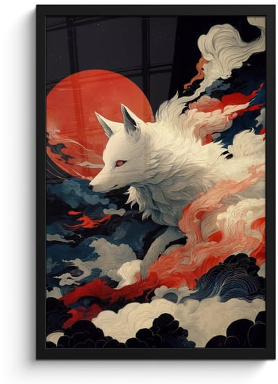 Poster in lijst - Fotolijst 40x60 cm - Posters - Witte vos - wolken - maan - Posterlijst zwart - Decoratie - Wanddecoratie woonkamer - Muurdecoratie slaapkamer