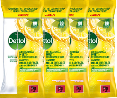 Dettol Lingettes Antibactériennes Multi-surfaces Éclat de Citron - 80 - 4 Stuks - Voordeelverpakking