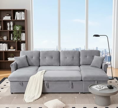 Luxe 4-Zits Hoekbank Bed met Opbergfunctie, Verstelbare Lounger, USB & Bekerhouders – Velvet Comfort Sofa – Carbon Grijs | House&Garden