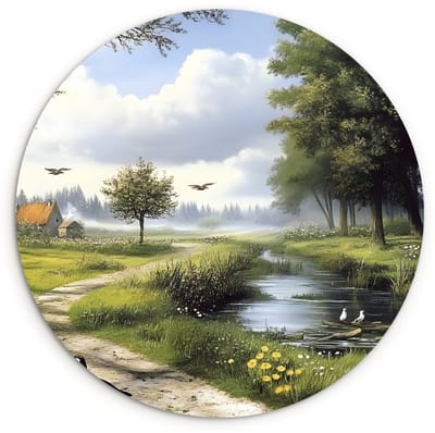 WallCircle® Wandcirkel 120x120 cm - Muurcirkel Zandpad - Groen landschap - Water - Muurdecoratie woonkamer - Wanddecoratie slaapkamer - Kamer decoratie accessoires - Ronde schilderijen XXL