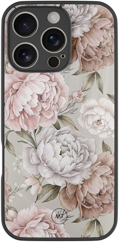 Hoesje geschikt voor iPhone 16 Pro - Klassieke bloemen - Luxe Hard Case - Bloemen - Beige - Mooie Telefoonhoesjes