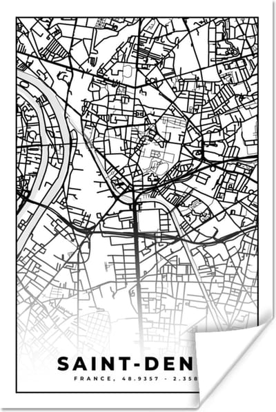 Poster Plattegrond - Kaart - Frankrijk - Saint-Denis - Stadskaart - Zwart wit - 120x180 cm XXL