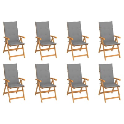vidaXL - Verstelbare - klapstoelen - met - kussens, - 8 - stuks, - massief - teakhout