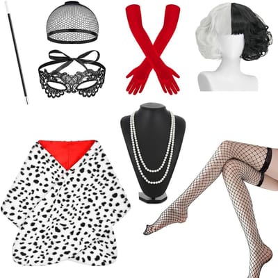 Halloween Kostuum voor Vrouwen met 70s Accessoires, Zwart-Witte Pruik, Kanten Masker, Visnet Kousen, Handschoenen en Ketting Set