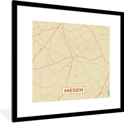 Fotolijst incl. Poster - Kaart - Plattegrond - Mesen - Stadskaart - België - 40x40 cm - Posterlijst