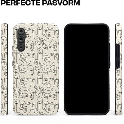 Casetastic hoesje geschikt voor Samsung Galaxy A34 (2023) 5G - Dubbellaagse bescherming - Art Deco Creme Abstractie Lijntekening Gezichten - Fashion Case - Zilver Crème Wit