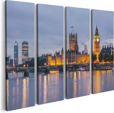 Artaza Canvas Schilderij Vierluik London Big Ben en Westminster Brug - 80x60 - Foto Op Canvas - Canvas Print