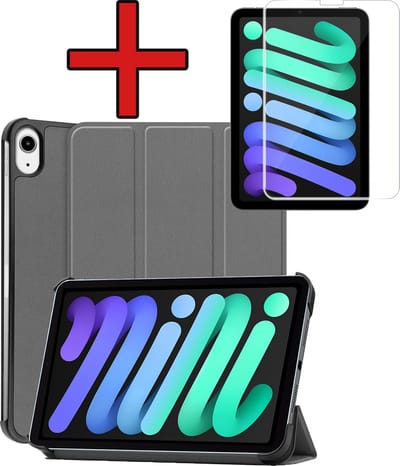 Hoesje - Geschikt voor Apple iPad Mini 7 (2024) - 8.3 inch - 7e Generatie - Met Screenprotector - Hardcover Book Case - Trifold Bookcase Hoes - Hard Cover - Tablethoes - Grijs