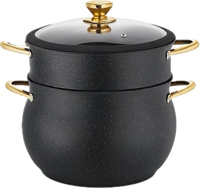 Couscouspan 12 Liter Ø28 cm – Zwart met Glazen Deksel & Gouden Handvatten – Geschikt voor Alle Warmtebronnen