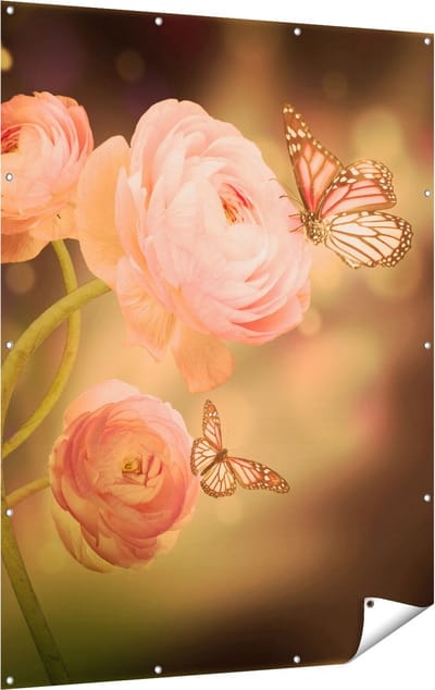 Gards Tuinposter Twee Roze Vlinders bij Roze Rozen - 120x160 cm - Tuindoek - Tuindecoratie - Wanddecoratie buiten - Tuinschilderij