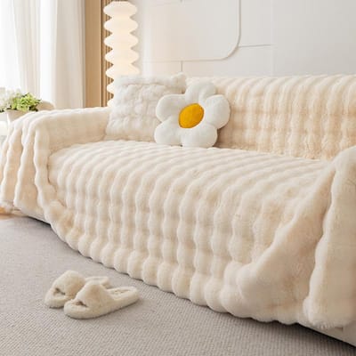 Pluizige Konijn Pluche Bankhoes Nieuwe Antislip Hoes Anti-Kat Krab Bankhoes Kussen Deken 180*130cm beige
