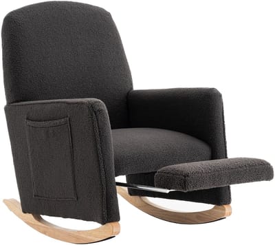 Merax Schommelstoel met Hocker - Relaxstoel met Armleuningen - Teddy Stof Donkergrijs - Ergonomisch Ontwerp - Houten Schommelpoten - Fauteuil met Voetenbank voor Woonkamer of Slaapkamer