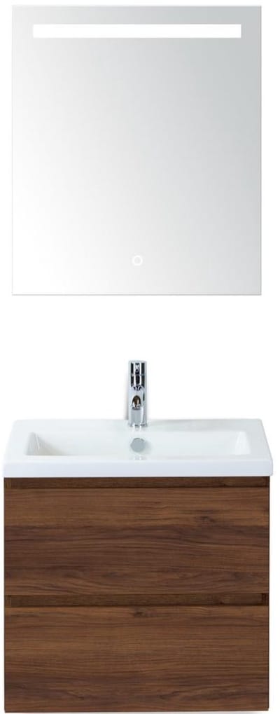 Vogue Badmeubelset 60 cm - Greeplijst in Kleur - Walnoot - Keramische Wastafel Wit 1 Kraangat met Sence Spiegel