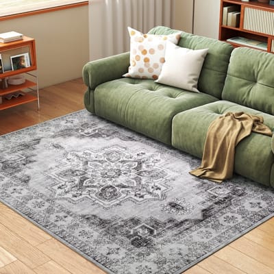 Wasbaar, antislip flanellen vloerkleed voor de woonkamer, vintage bloemenpatroon, grijs slaapkamerkleed, plat, zacht, 230 x 160 cm, modern, comfortabel