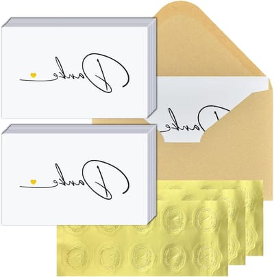 Bedankkaartenset met 30 kraftpapier kaarten en enveloppen, inclusief gouden zegelstickers, perfect voor bedanken van collega's, leraren en familie, 14 x 9 cm