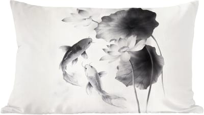 Sierkussens - Kussentjes Woonkamer - 60x40 cm - Lotusbloemen - Vissen - Bladeren - Zwart