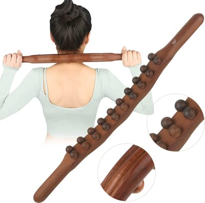 Houten Massage L | Voor Schouders, Rug, Nek, Benen, armen, Taille en Buik | TheraCane | TherapieStok | Guasha Massage | Spierknopen | ZelfMassage | 20 Massageballen | Donker hout