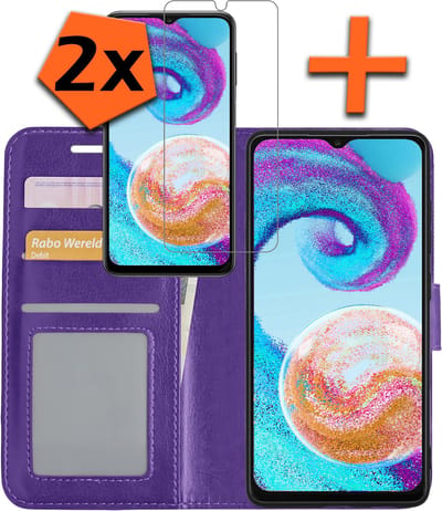 Hoes - Met 2x Screenprotector - Geschikt voor Samsung Galaxy A04s - Luxe Pasjeshouder - Bookcase Portemonee - Flip Case - Kunstleer Book Case - Flipcase Hoes - Book Cover - Walletcase - PortemonneeHoes - Paars