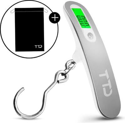 TTD® Kofferweegschaal met Haak, Verlicht Scherm en Travel Bag - Weegcapaciteit 50 kg - Bagageweegschaal - Bagageweger - Hangweegschaal - Digital Luggage Scale - Kofferweger - Reizen met Vliegtuig - kg/g/lbs/oz - Inclusief Batterijen - Wit