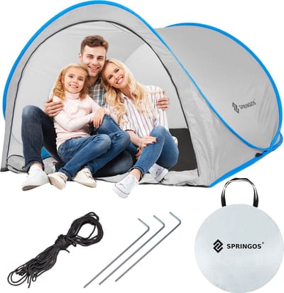 Springos Strandtent | Pop-Up Strandtent | UV Filter | Inclusief Draagtas | 120 x 200 x 110 cm | Grijs/Blauw