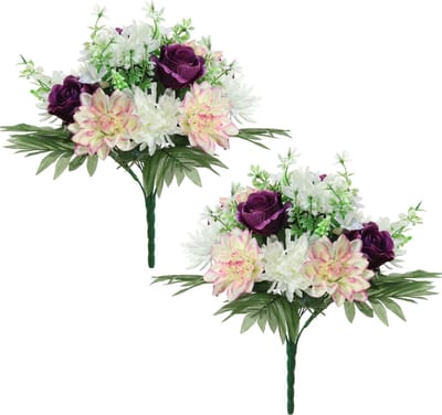Louis Maes kunstbloemen boeket roos/dahlia - 2x - paars/creme - H36 cm - Bloemstuk - Bladgroen