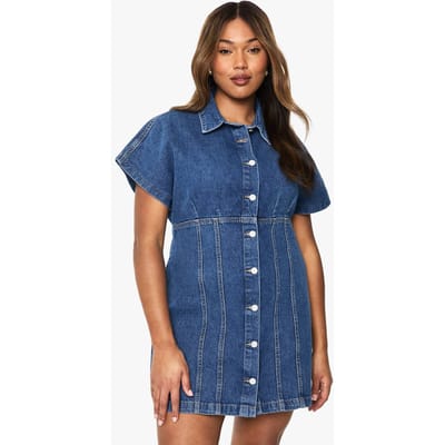 boohoo Dames Plus Button Down Denim Mini-jurk | Mid Blue | Maat: 28